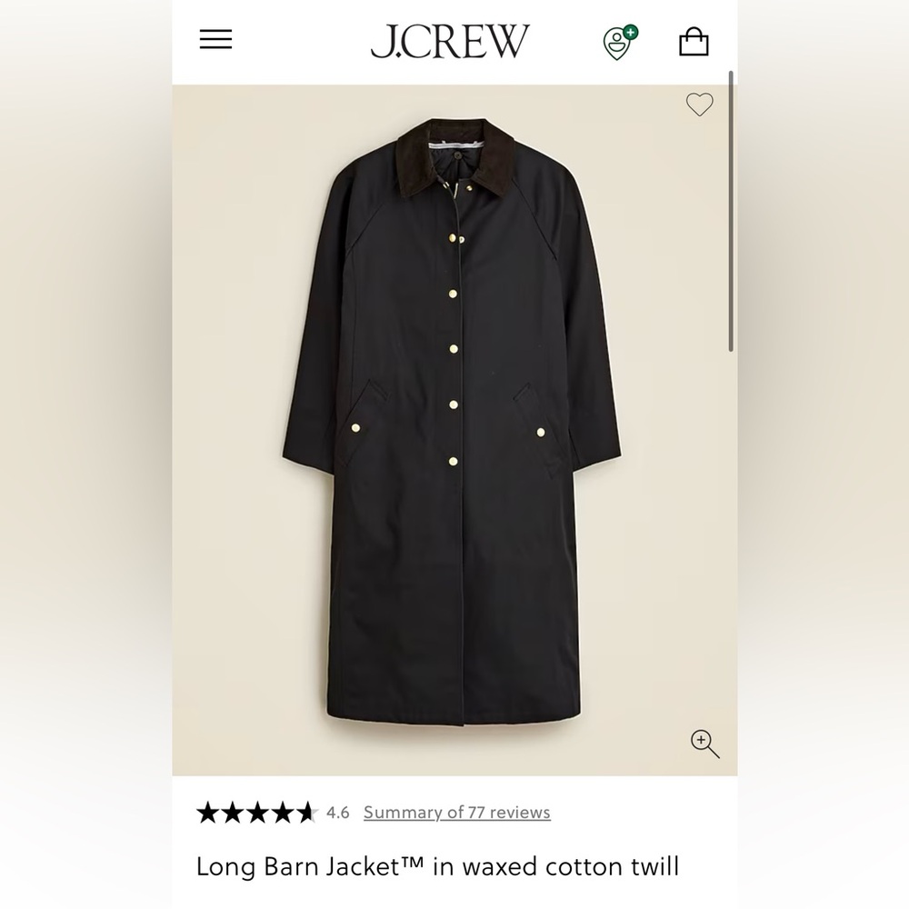 J. Crew Long Barn Jacket Black Coat in Waxed Twill with Gold Buttons